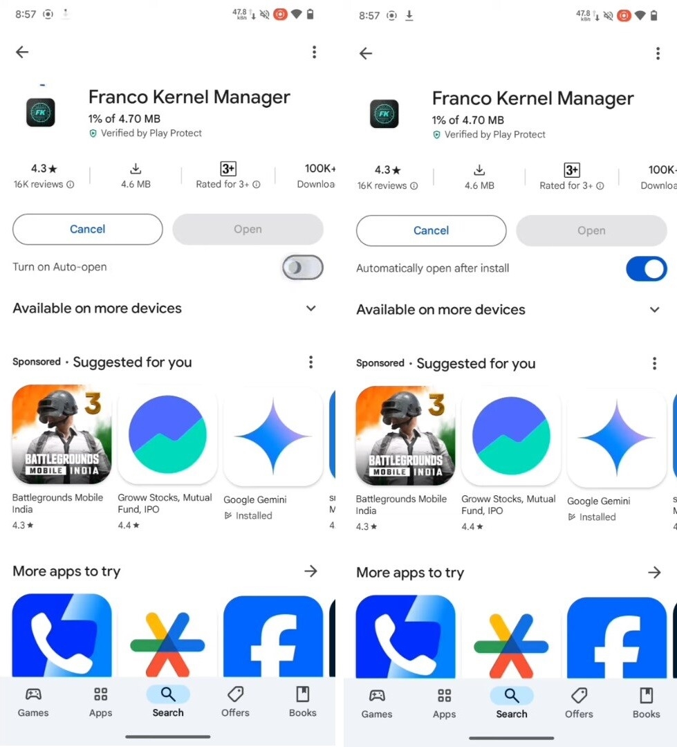 Google Play Store com função para iniciar app automáticamente