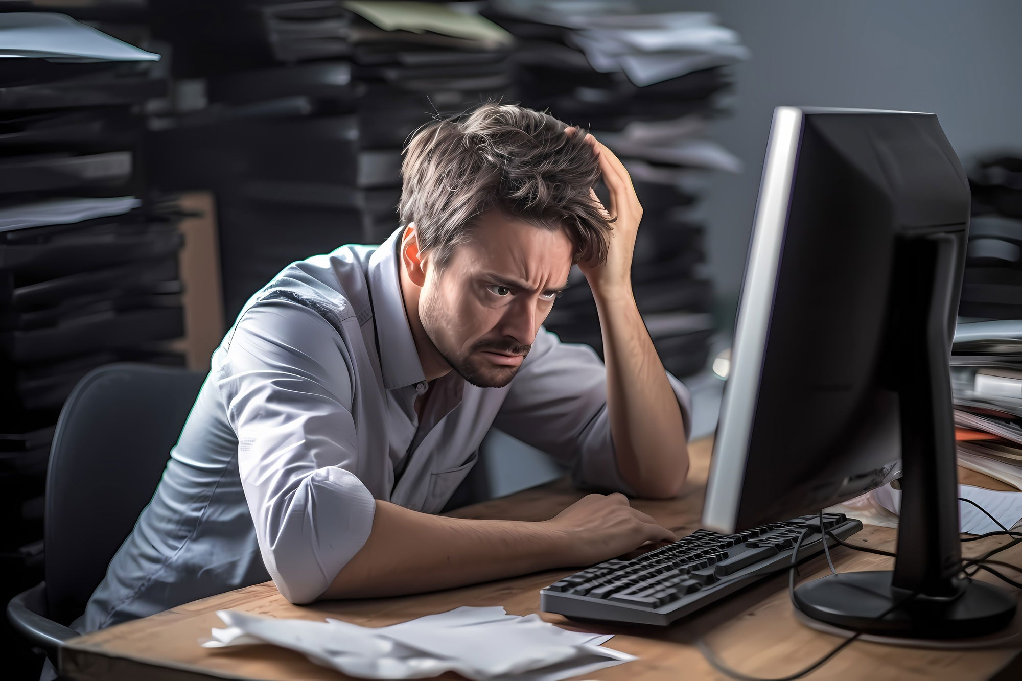 utilizador em frente de computador frustado