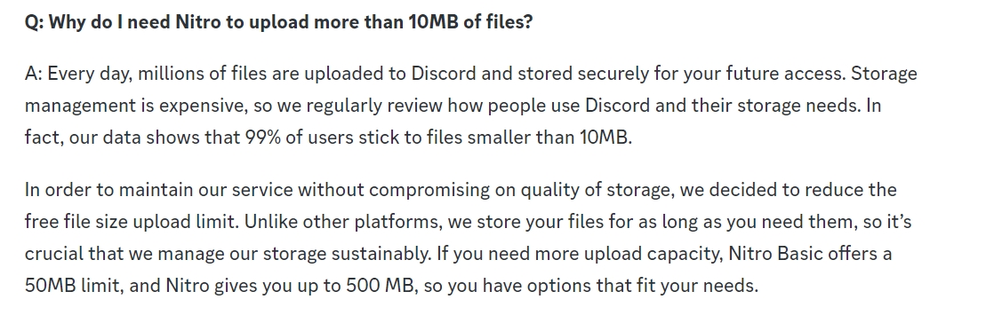 mensagem do discord sobre novos limites de upload