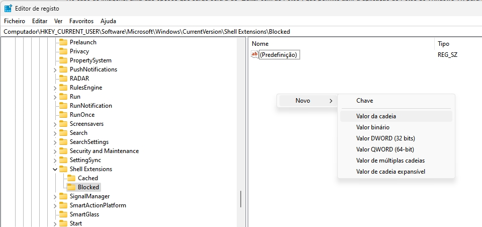 adicionar chave no editor de registo do windows 11