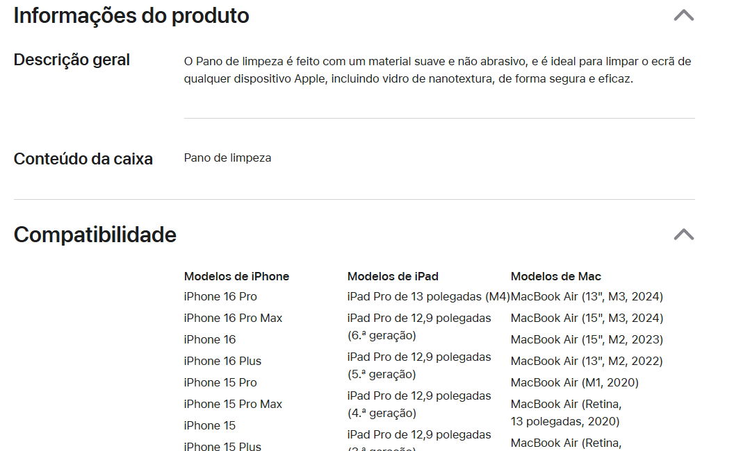 lista de dispositivos compatíveis com pano de limpeza da apple