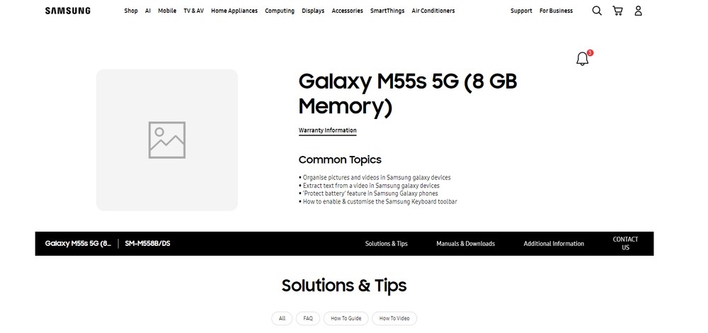 site de suporte da samsung ao galaxy m55s