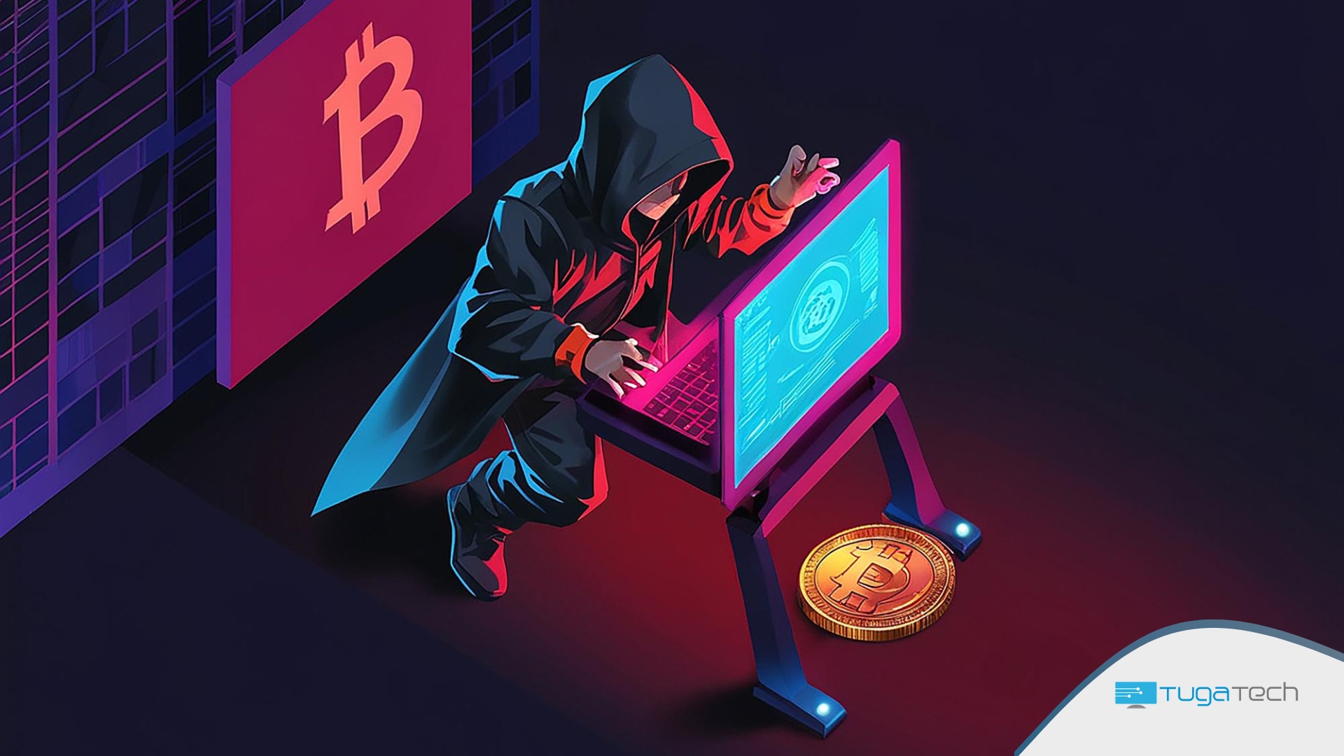 Hacker em frente de computador, com uma moeda de bitcoin na frente