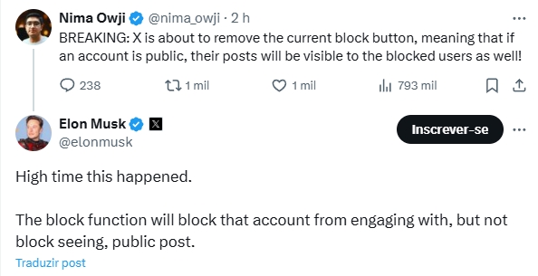 resposta de elon musk sobre bloqueio de contas na x
