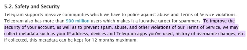 alteração dos termos de serviço do telegram